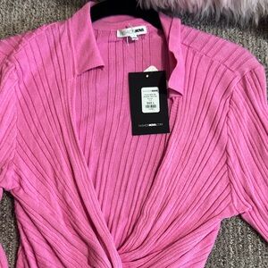 Fashion Nova Hot Pink Ribbed Twist Front Polo Top